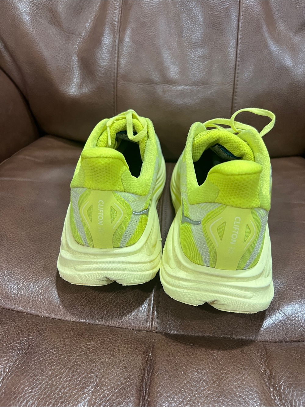 Hoka Clifton 10 Neon Yellow and Cream Road Running Shoes Size 14D - Picture 5 of 12